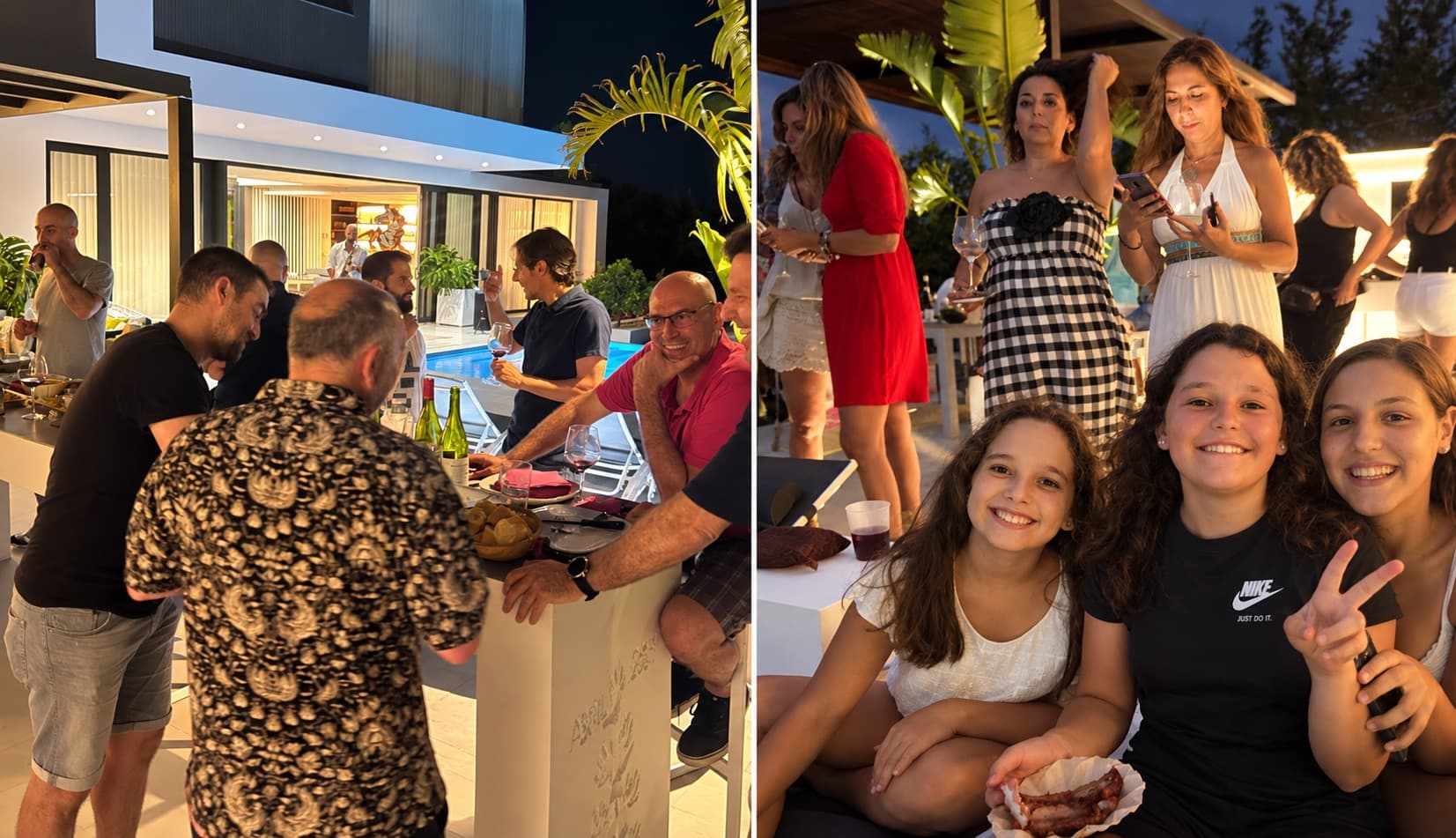 Fête en soirée sur la terrasse, près de la piscine et de la façade éclairée