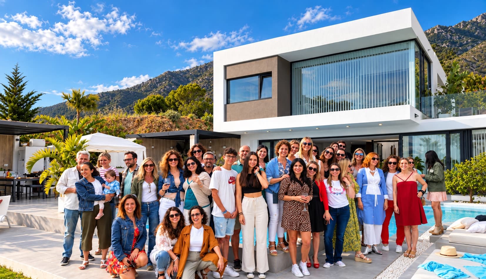 Grand groupe d'invités devant la façade de la villa, près de la piscine