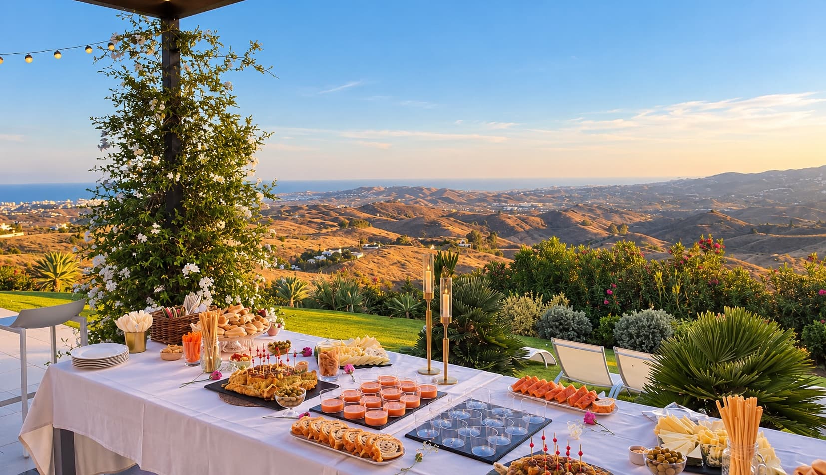 Buffet cocktail au coucher du soleil sous le porche, face à la mer et à la sierra