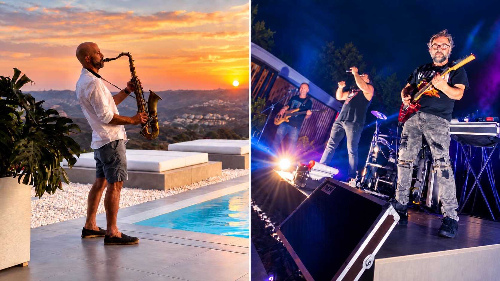 Saxophoniste au coucher du soleil au bord de la piscine et concert live en soirée