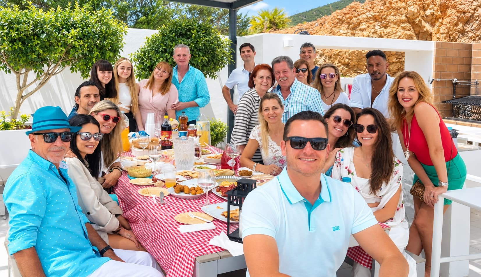 Repas de fête dans l'espace barbecue, sous la pergola