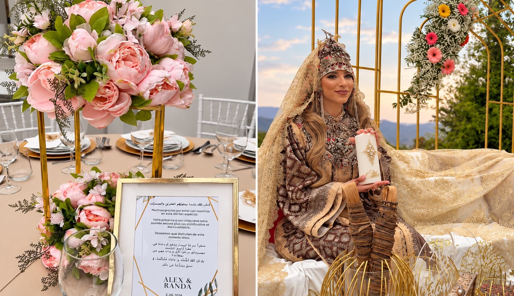 Table de mariage fleurie et mariée en tenue traditionnelle dans le jardin