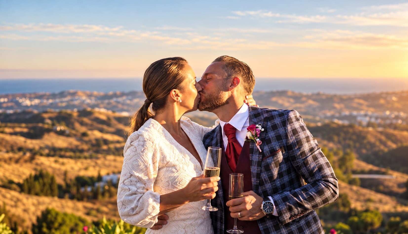 Toast et baiser des jeunes mariés au coucher du soleil, face à la mer
