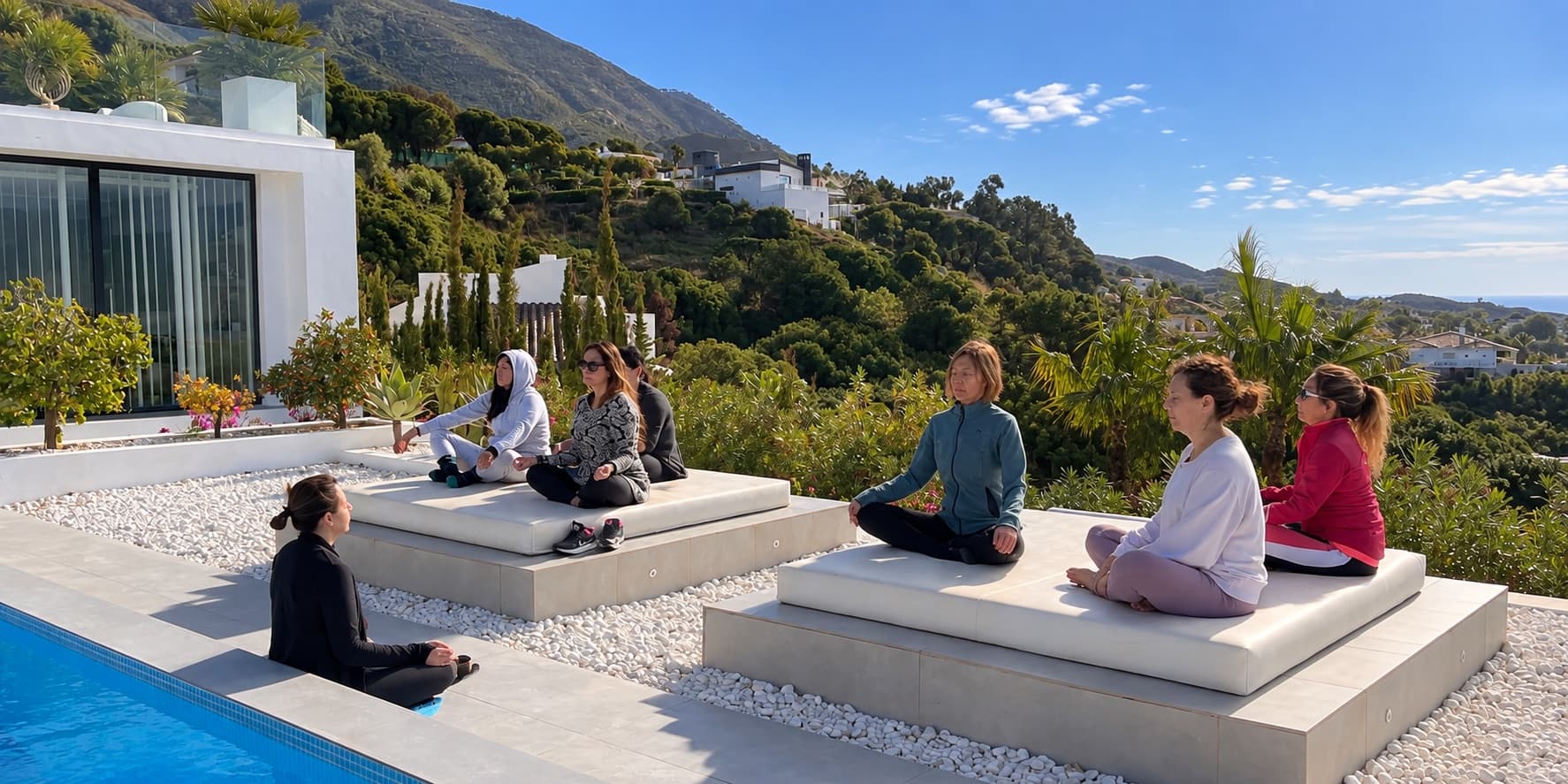 Méditation en groupe sur les lits de jour extérieurs au bord de la piscine