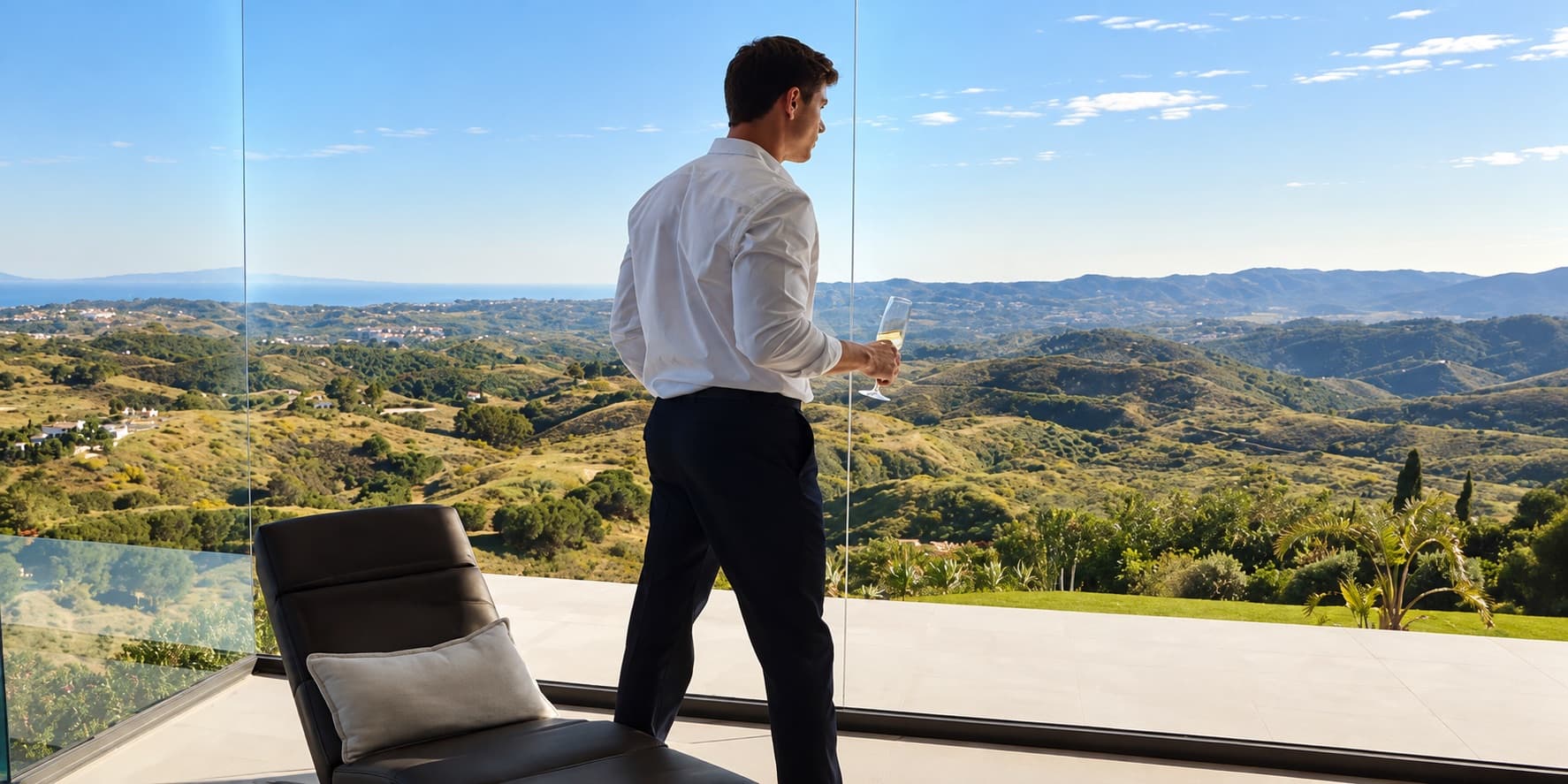 Séance sur la terrasse vitrée avec vue panoramique sur les collines et la mer