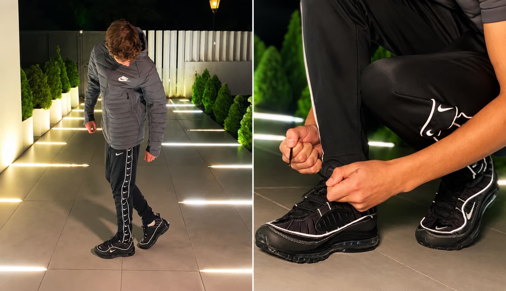 Séance nocturne de mode sportive dans l'allée d'accès éclairée de la villa