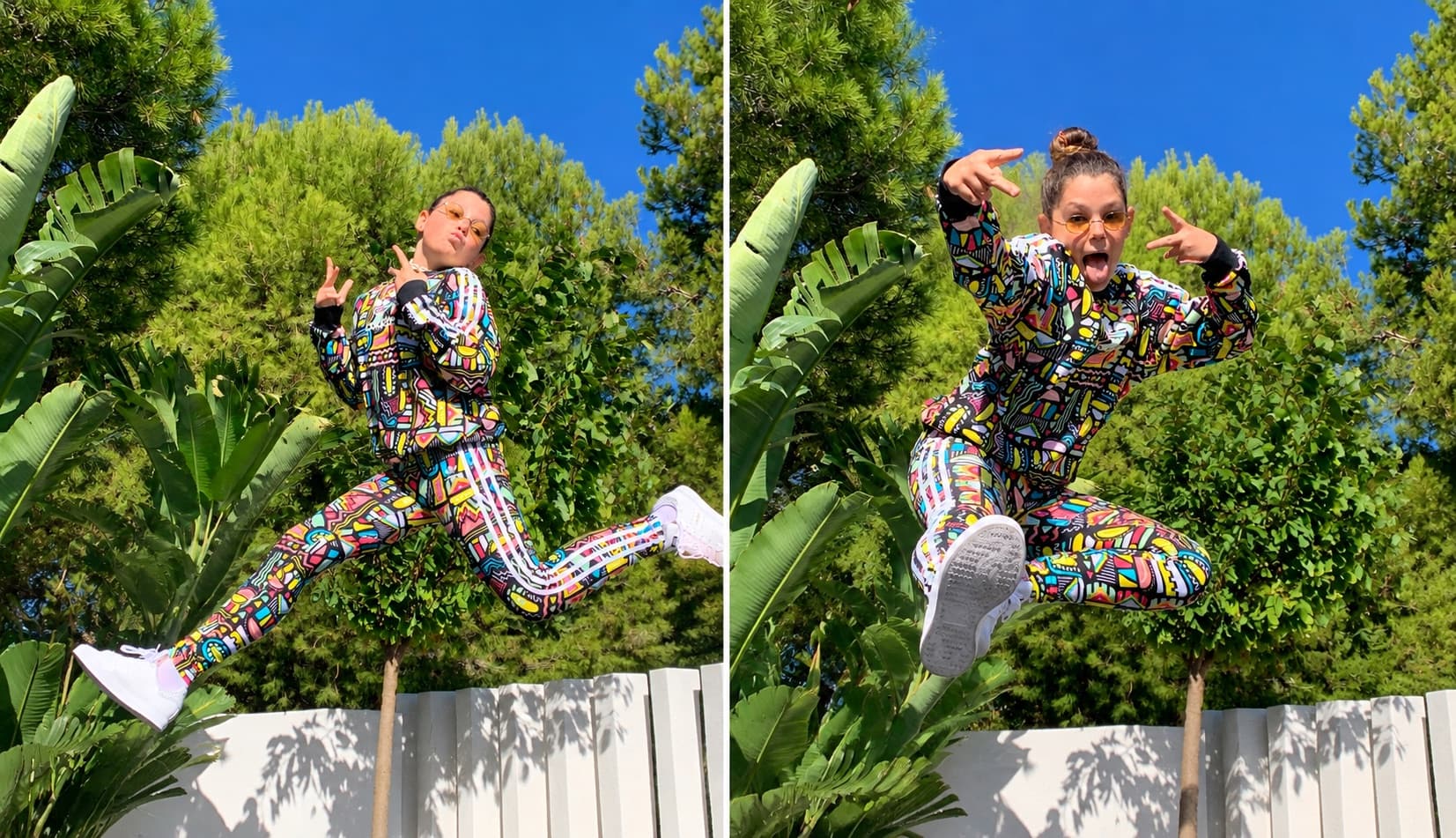 Séance de mode sportive dans le jardin, avec des sauts devant les pins et la clôture blanche