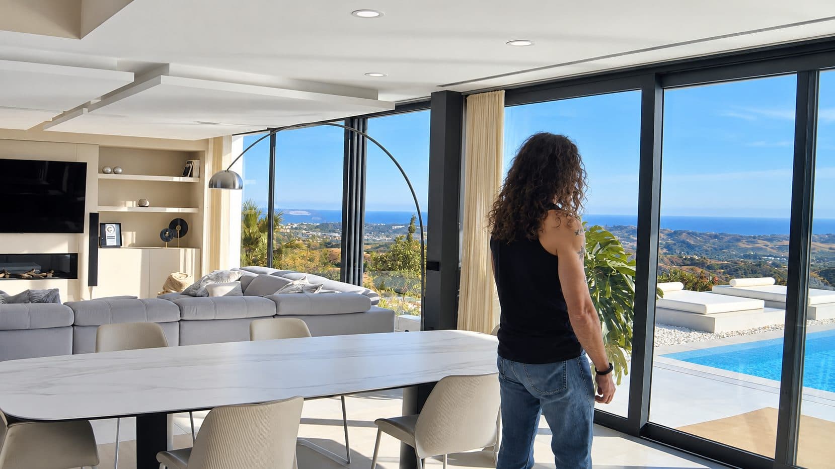 Tournage de « Hybris » : acteur devant les baies vitrées du salon avec vues sur la mer