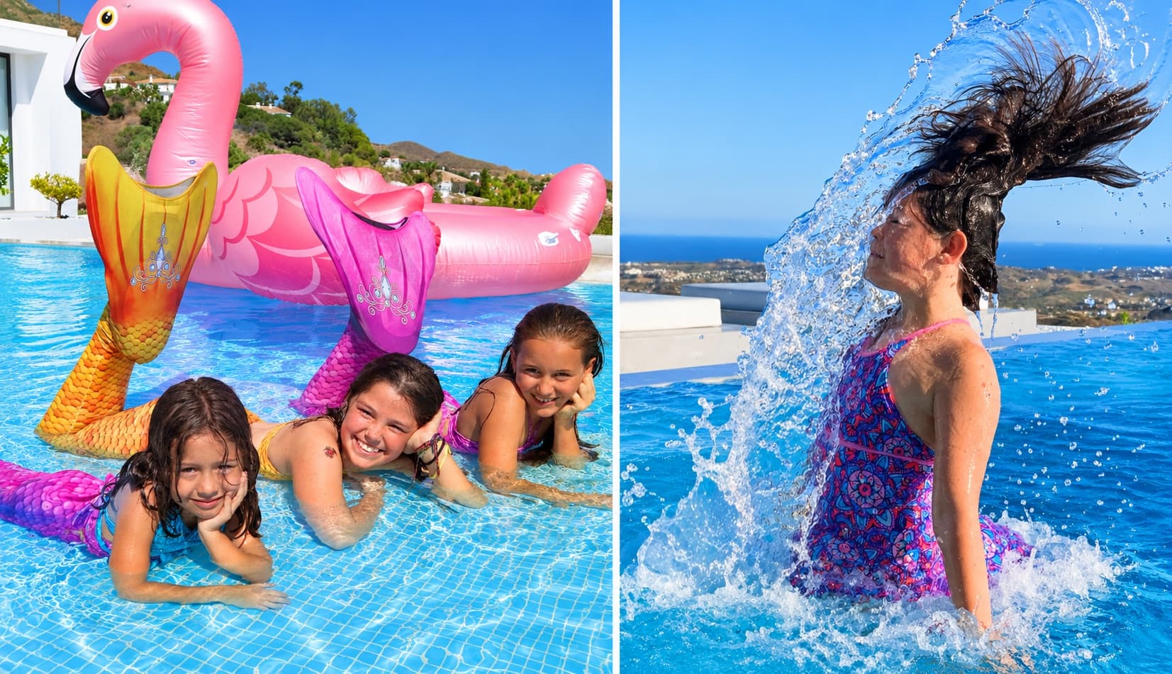 Petites filles jouant aux sirènes dans la piscine et plongeon avec vues sur la mer