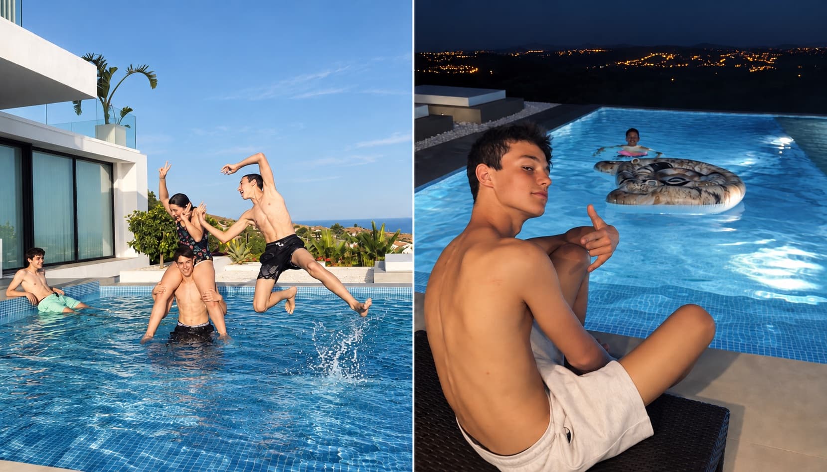 Sauts dans la piscine de jour et baignade nocturne avec les lumières de la côte