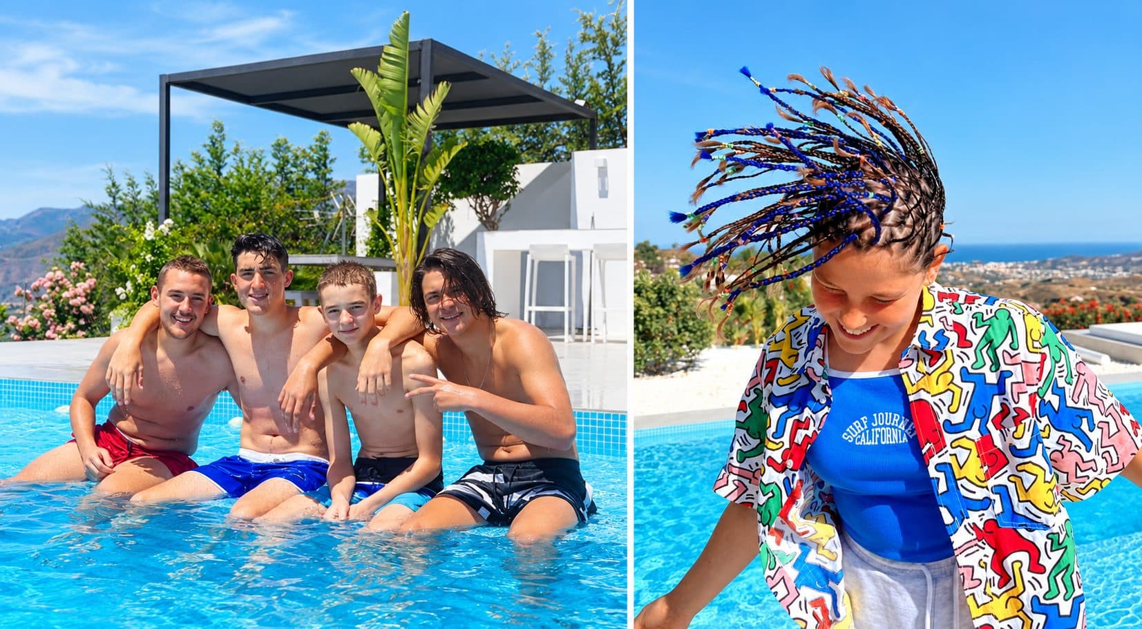 Amis dans la piscine près de la pergola et danse avec vues sur la mer