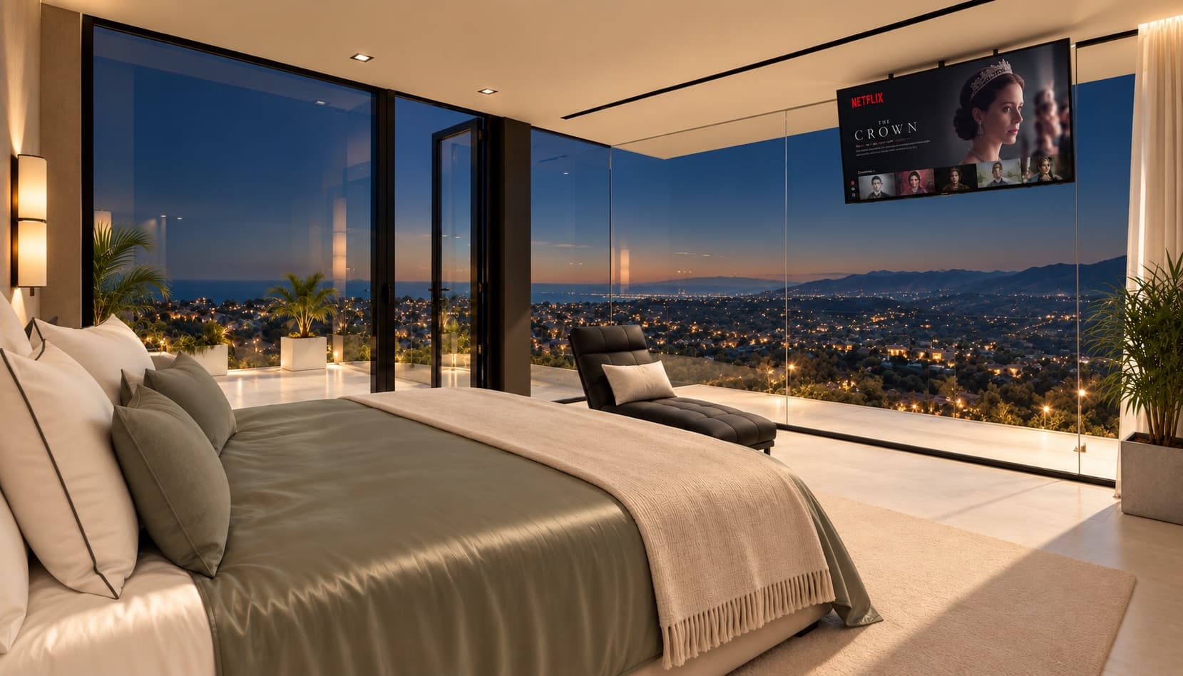 Suite de nuit avec baies vitrées du sol au plafond et vues illuminées