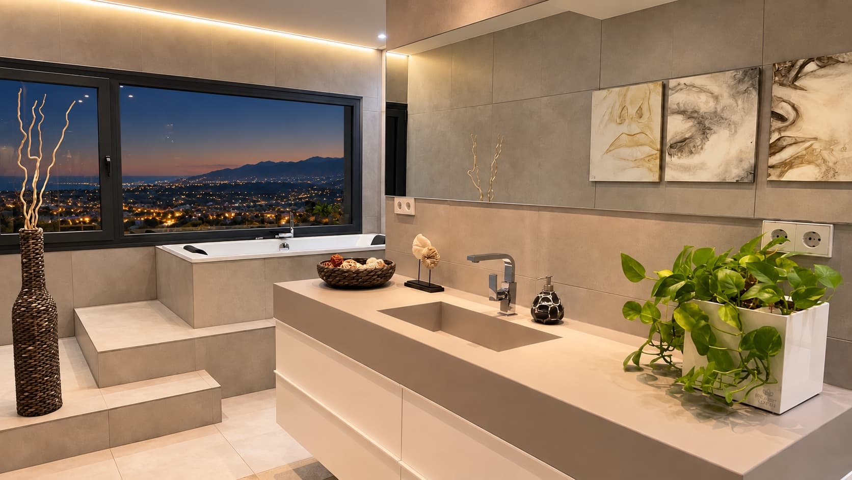 Salle de bains de la suite avec lavabo, baignoire et vues nocturnes
