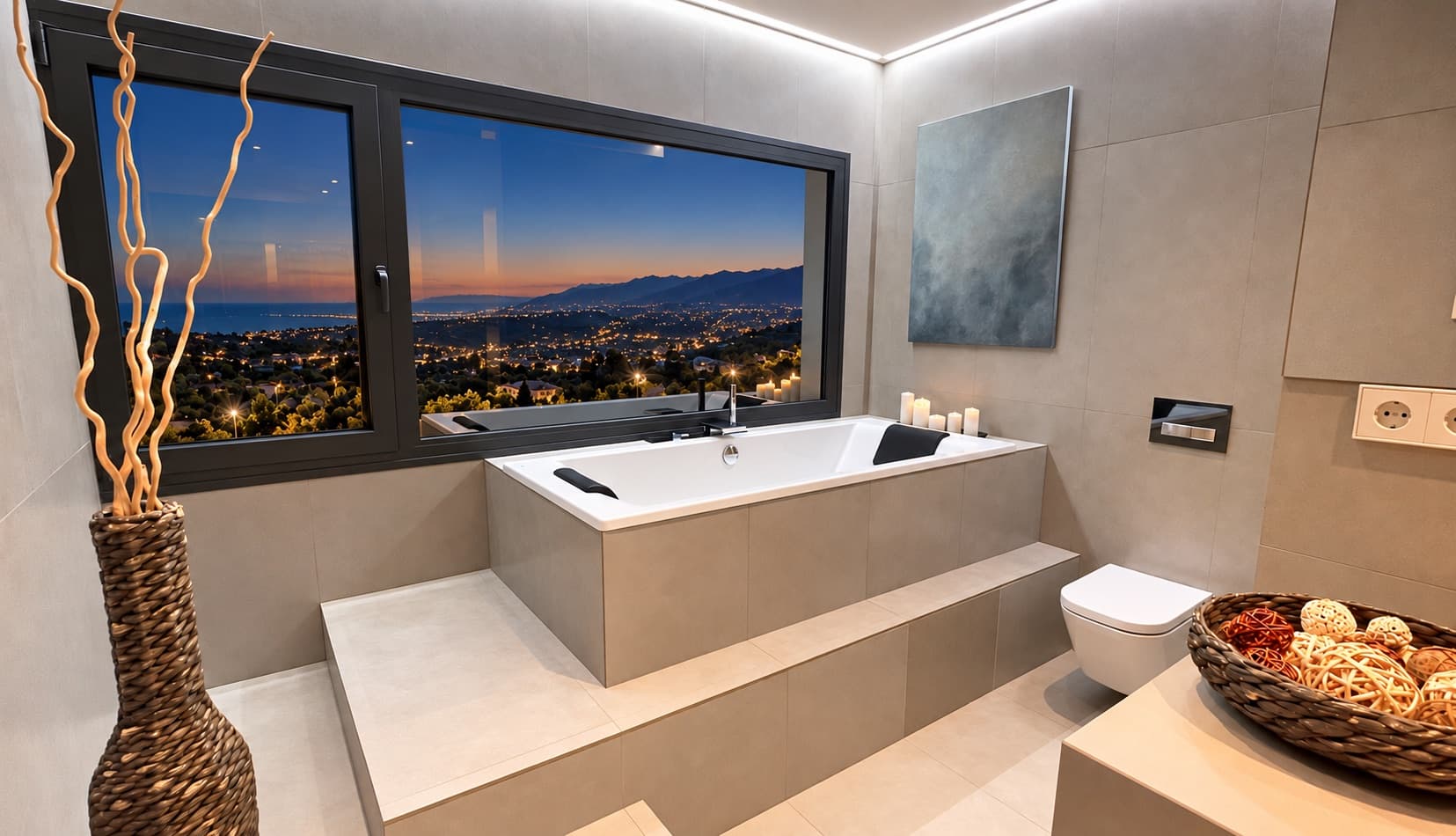 Baignoire de la suite face à la baie vitrée avec vues illuminées