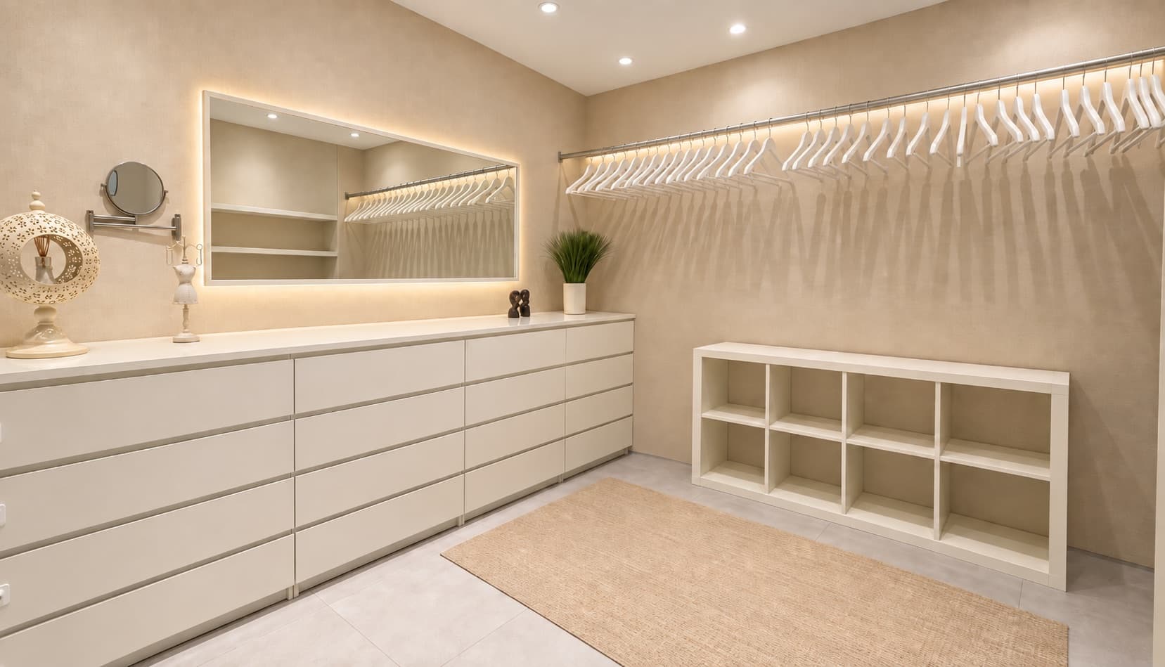 Dressing de la suite avec armoires du sol au plafond et grand miroir
