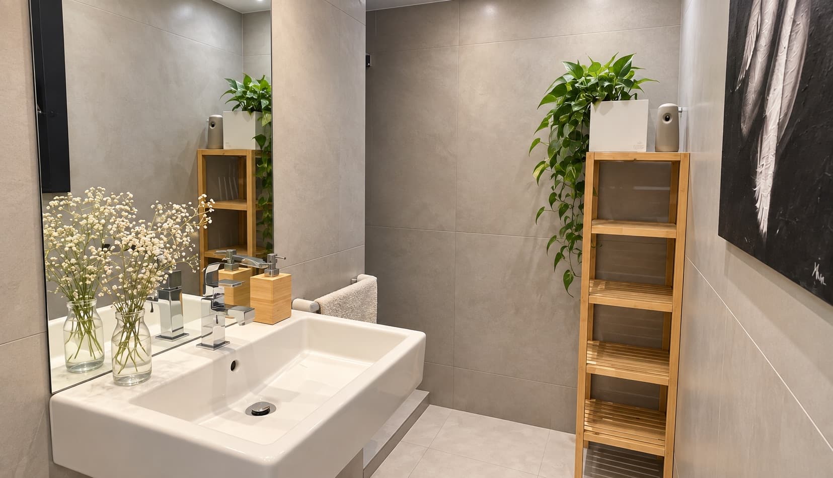 WC d'invités avec lavabo, miroir rond et décoration végétale