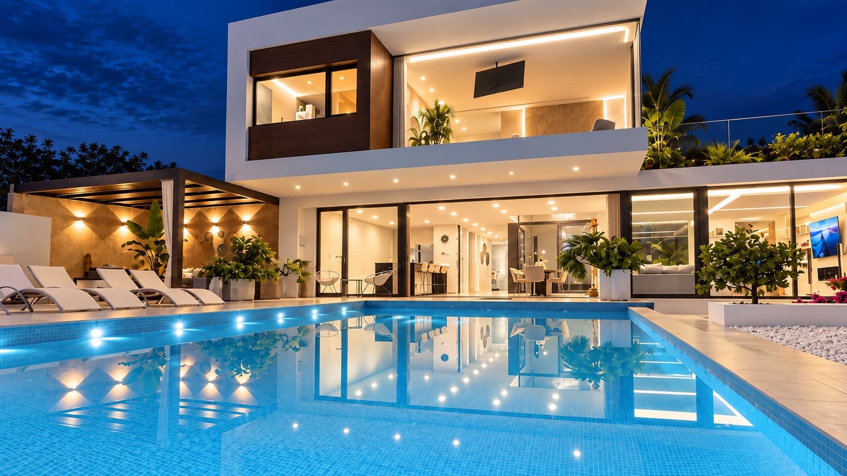 Villa Los Pichies lit up at dusk with the infinity pool in the foreground