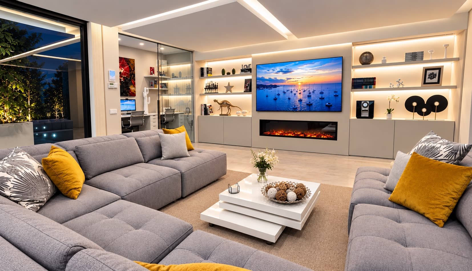 Main living room with a large sofa and panoramic views