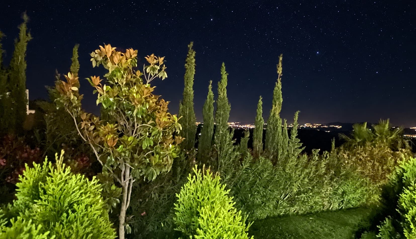 Ciel étoilé au-dessus du jardin de devant avec les lumières de la côte en fond