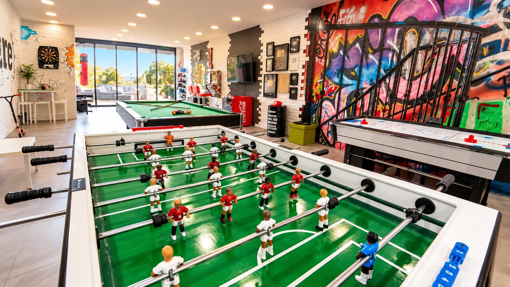 Salle de jeux avec baby-foot et billard