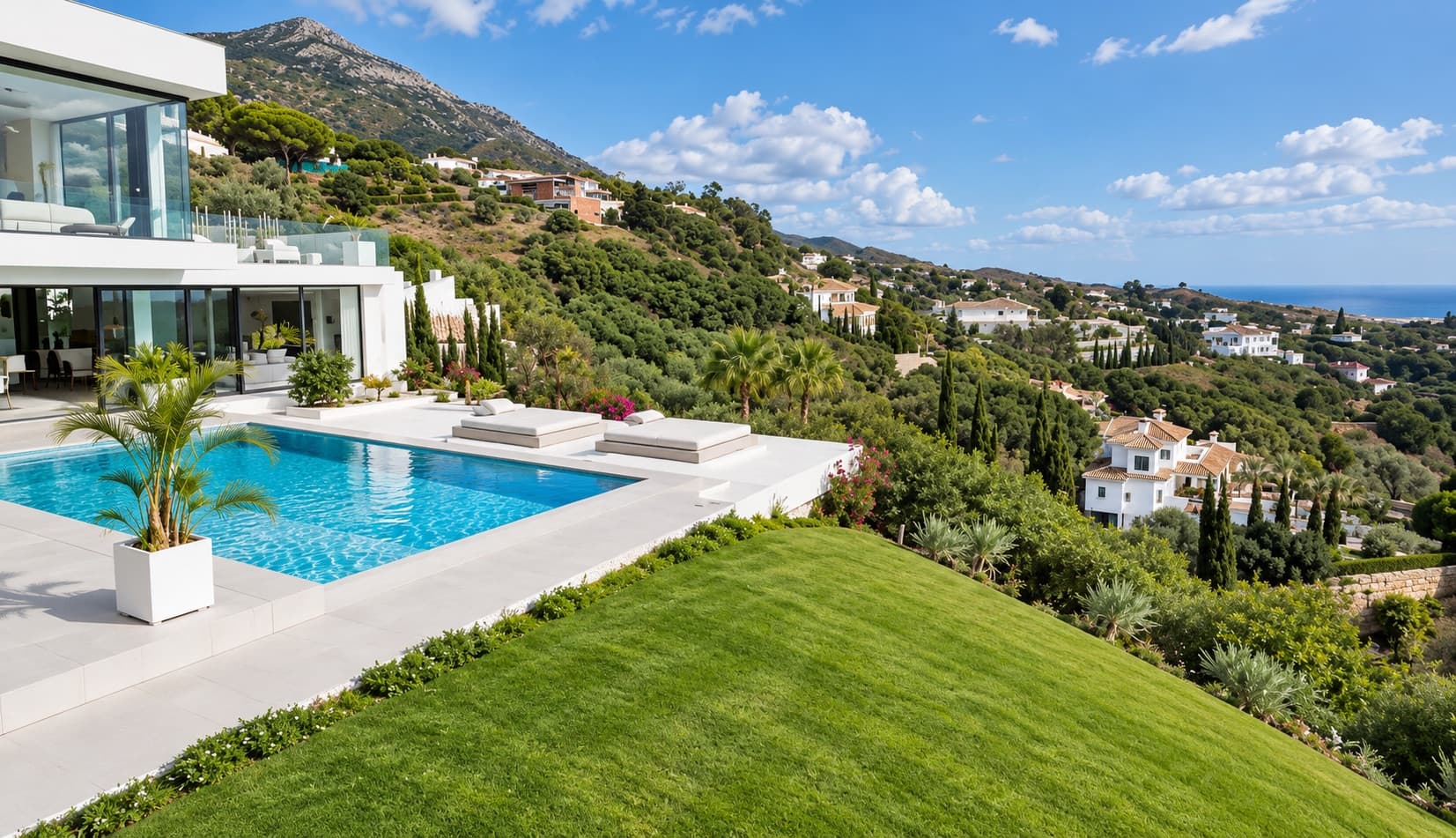 Piscine et jardin de la villa au-dessus de la résidence, avec la sierra et la mer en fond